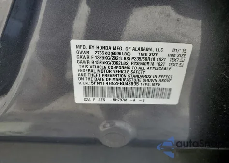 2015 Honda Pilot Touring из США, поврежденный, VIN 5FNYF4H92FB048895